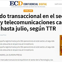 El mercado transaccional en el sector de tecnologa y telecomunicaciones cae un 13% hasta julio, segn TTR